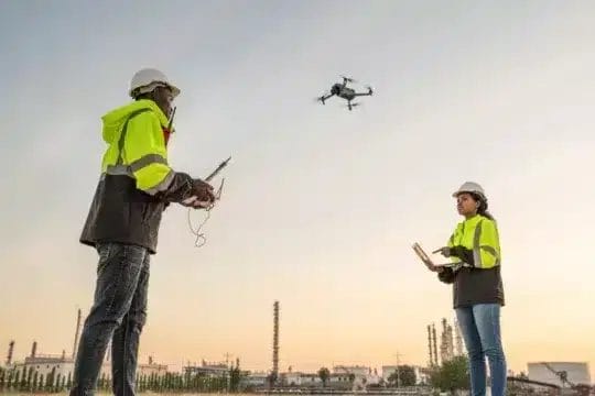 Team,Of,Engineer,Specialists,Pilot,Drone,On,Construction,Site.,Architectural