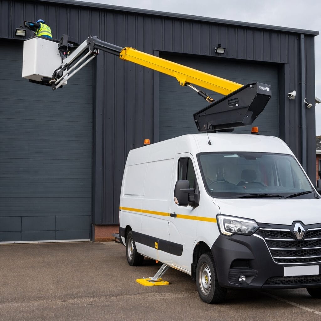 Workers using a vehicle-mounted boom platform on a construction site